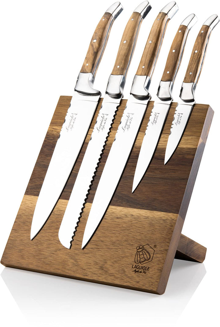 Laguiole Style de Vie Messerset Luxury Line, 5-teilig, Magnetischer Messerblock, Olivenholz