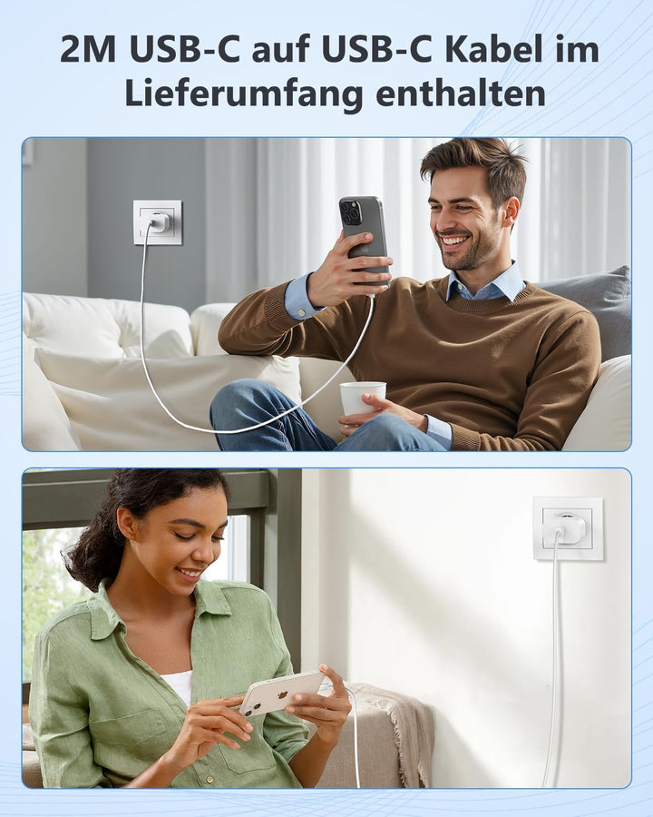2-Pack 25W USB C Ladegerät, Schnellladegerät Stecker mit 2M Kabel Ladegerät für iPhone 17 16 15 Pro