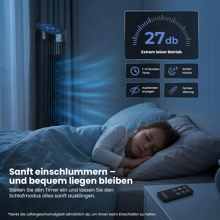 Olsen & Smith Turmventilator mit Fernbedienung | Leiser 27-dB-Ventilator fürs Schlafzimmer | 91 cm (
