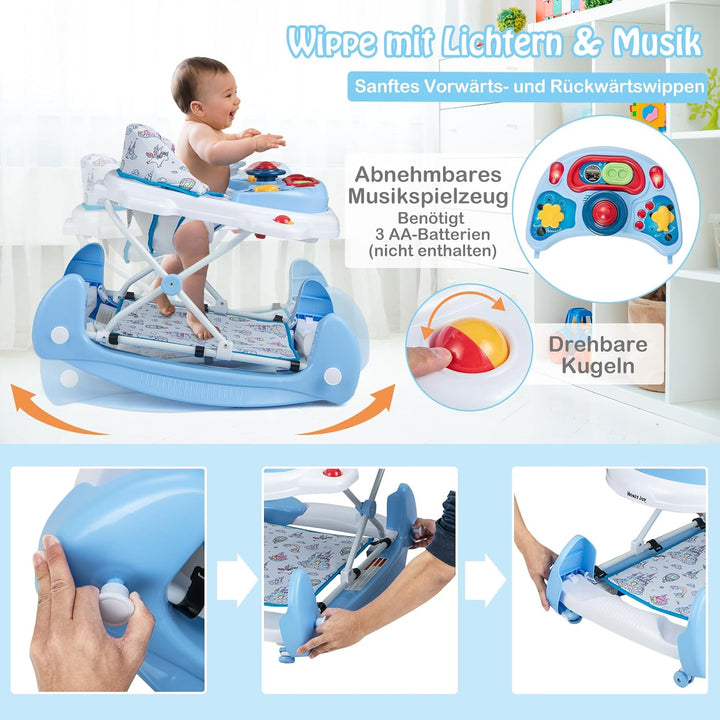 GOPLUS 6 in 1 Lauflernwagen, Lauflernhilfe faltbar mit Rädern, Baby Walker mit Fusskissen, Lichtern,