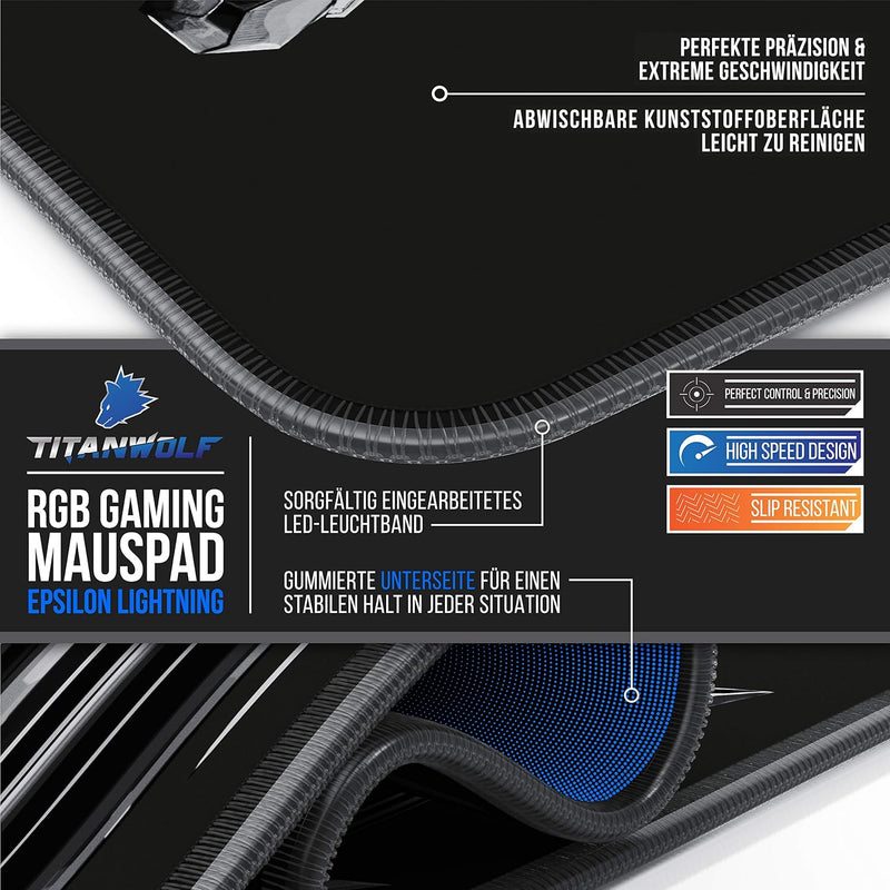 TITANWOLF - RGB Gaming Mauspad - LED Schreibtischunterlage - 800x300 mm - XXL Mousepad - LED Multi C