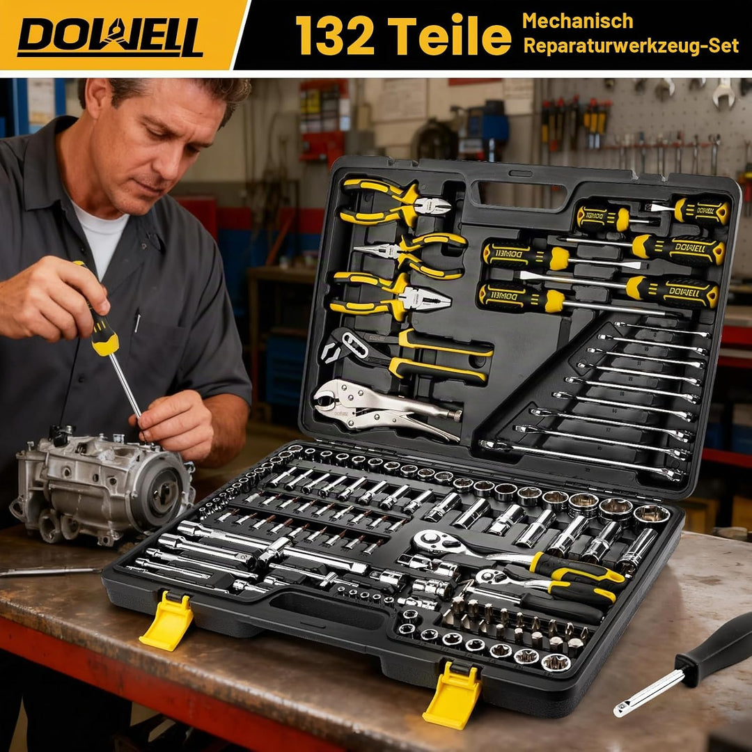 DOWELL Werkzeugsatz 132 Stück, Professional Auto Mechanics Hand Tool Kit, All-in-One für Auto-, Moto