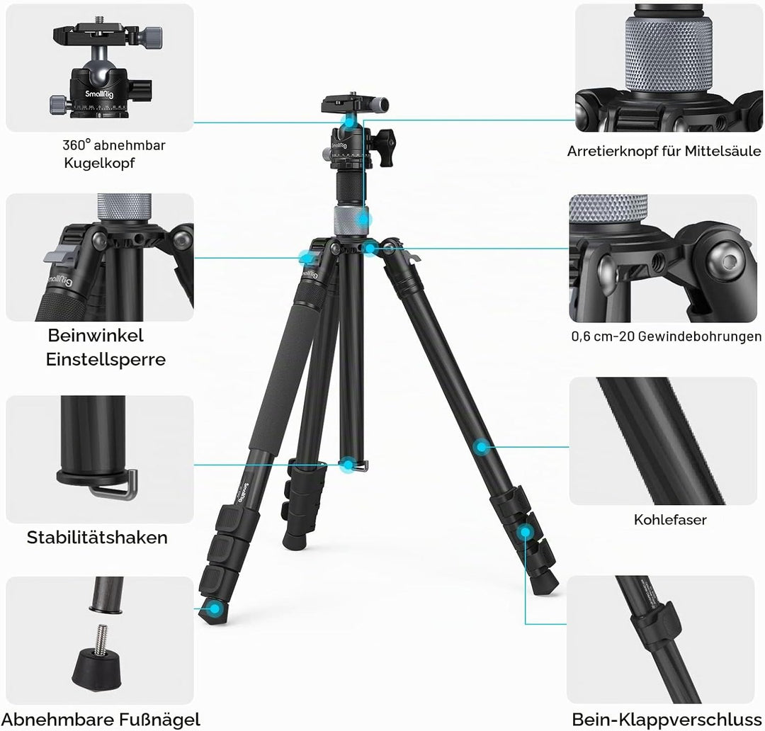 SMALLRIG Karbonfaser-Stativ mit Mittelsäule, Carbon Fiber Tripod abnehmbarem Einbeinstativ, 360°-Kug