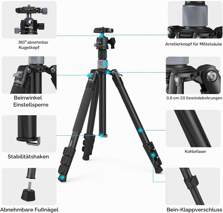 SMALLRIG Karbonfaser-Stativ mit Mittelsäule, Carbon Fiber Tripod abnehmbarem Einbeinstativ, 360°-Kug