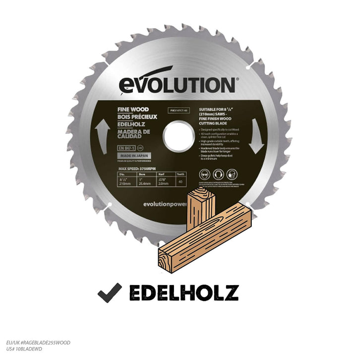 Evolution FW210TCT-40 - 210 mm feines Holzsägeblatt - Hartmetallbestücktes Sägeblatt mit 40 Zähnen l