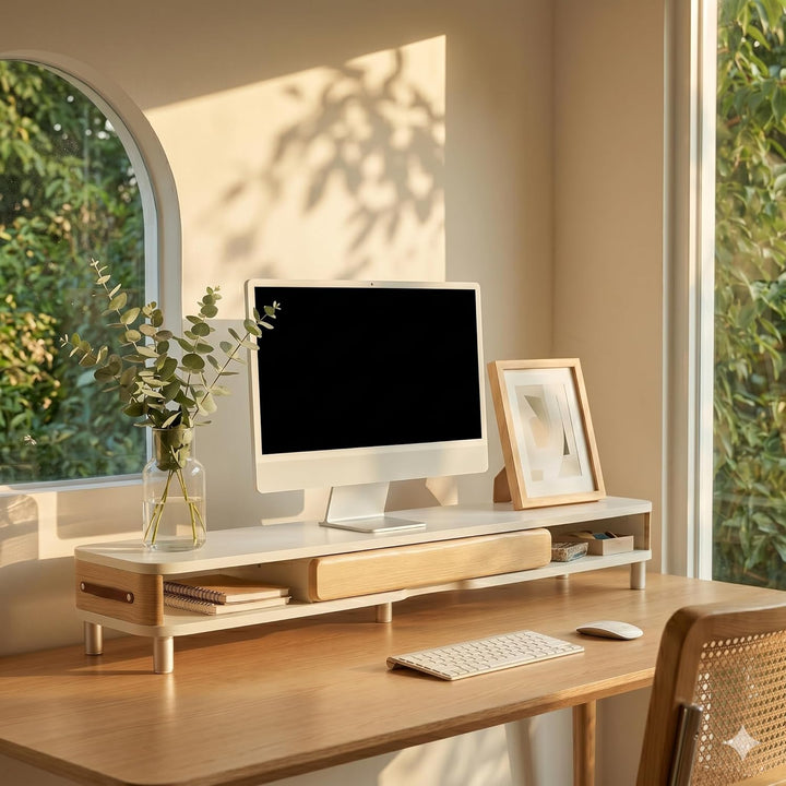 Fenge Dual Monitorständer mit Schublade, 108cm Bildschirmerhöhung mit Aluminiumbeinen & Ledergriff,