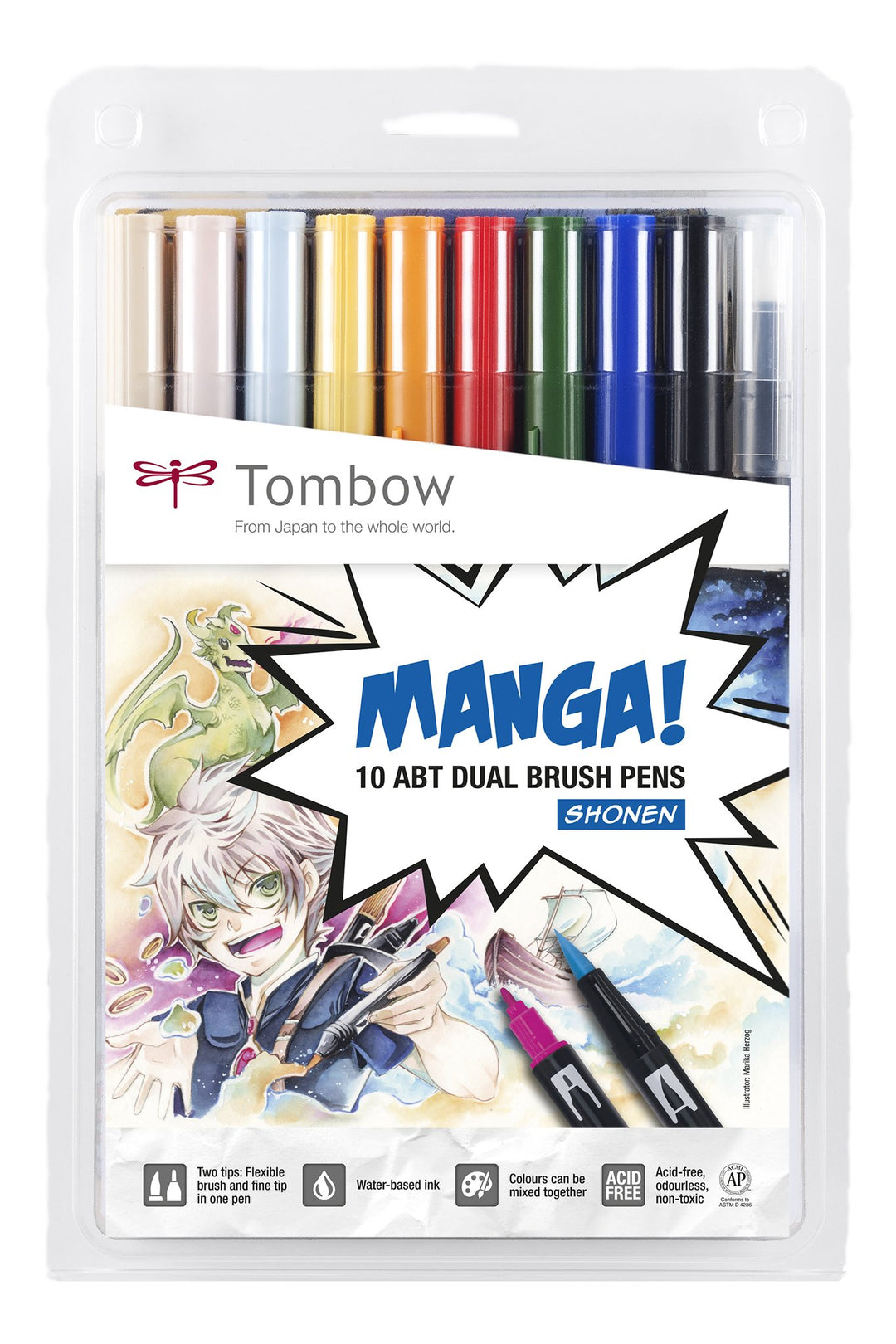 Tombow ABT-10C-MANGA1 Fasermaler, Dual Brush Pen mit zwei Spitzen, 10-er Manga Set Shonen, Manga Set