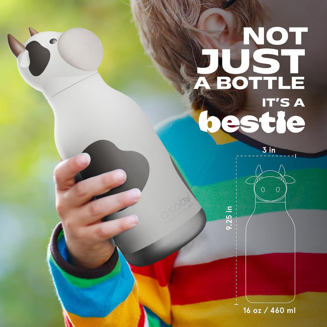 Asobu Bestie Kindertrinkflasche mit Strohhalm – Isolierte Edelstahlflasche 420ml mit Kuhkopf – Ausla
