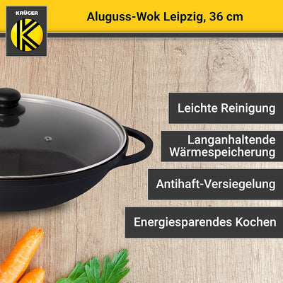 KRÜGER Aluguss-Wok Leipzig mit Glasdeckel und Zubehör 36 cm - Wokpfanne mit Antihaft Versiegelung -