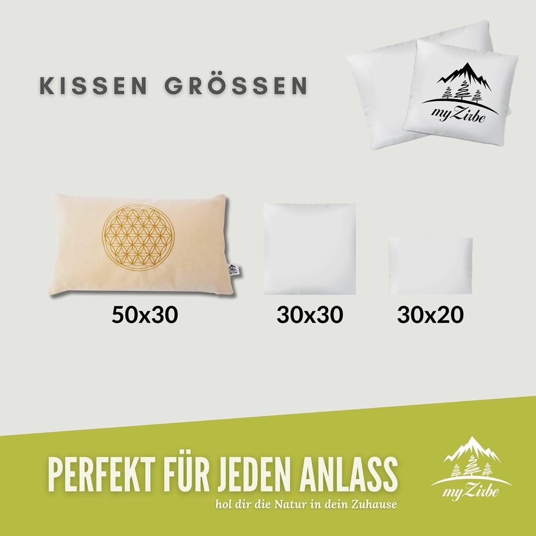 Zirbenkissen Blume des Lebens mit Inlett 30x50 cm befüllt mit Zirbenspänen aus 100% Alpen Zirbenholz