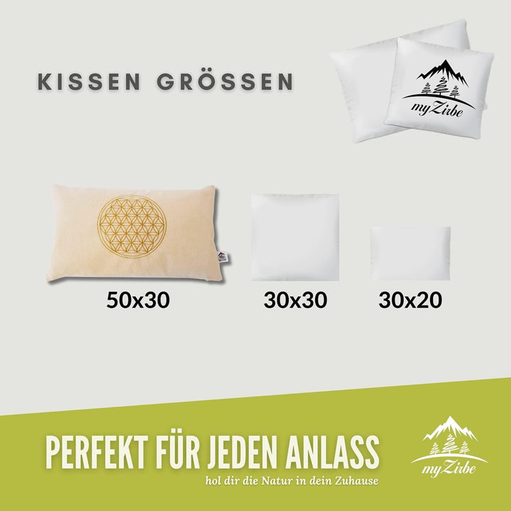 Zirbenkissen Blume des Lebens mit Inlett 30x50 cm befüllt mit Zirbenspänen aus 100% Alpen Zirbenholz