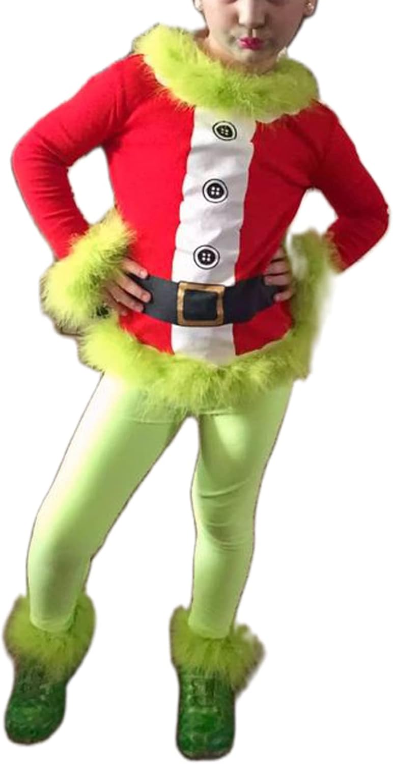 Aunaeyw Green Monster Christmas Santa Claus Costume Set Deluxe Furry Fancy Dress Outfit Halloween Xm