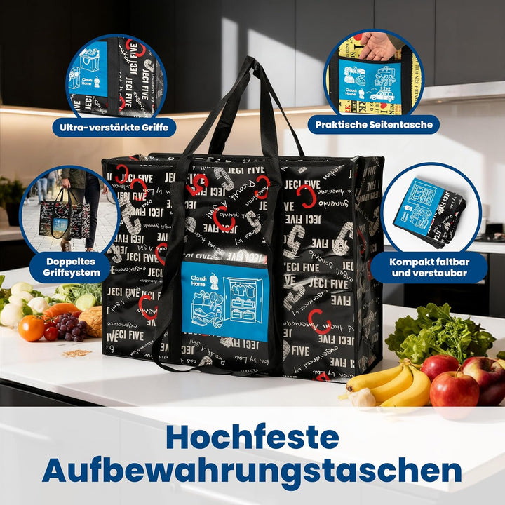 5er-Set Einkaufstaschen (5x30L) mit Reissverschluss & Vordertasche, extrem strapazierfähige & wieder