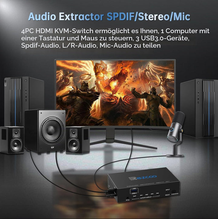 USB3.0 HDMI KVM Switch 4 Port 4 In 1 Out 4K 60Hz 4 In 4 Out SPDIF 5.1 Audio Breakout Mouse/Keyboard/
