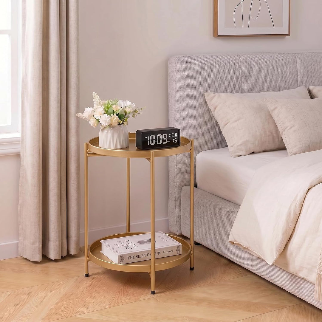 HollyHOME Runder Beistelltisch, 2 Ebenen Goldener Beistelltisch Metalltablett, Snacktisch, Couchtisc