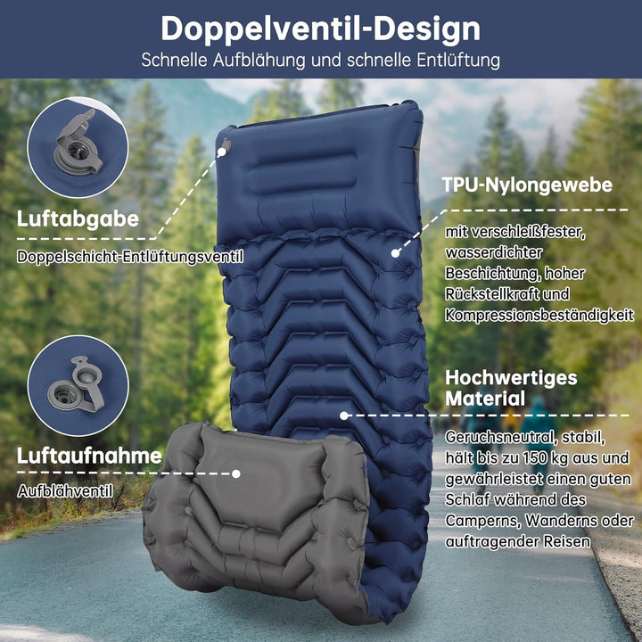 HAUSPROFI Isomatte Camping, Ultraleicht Camping Luftmatratze mit Fusspumpe & Kissen, Aufblasbare Mat
