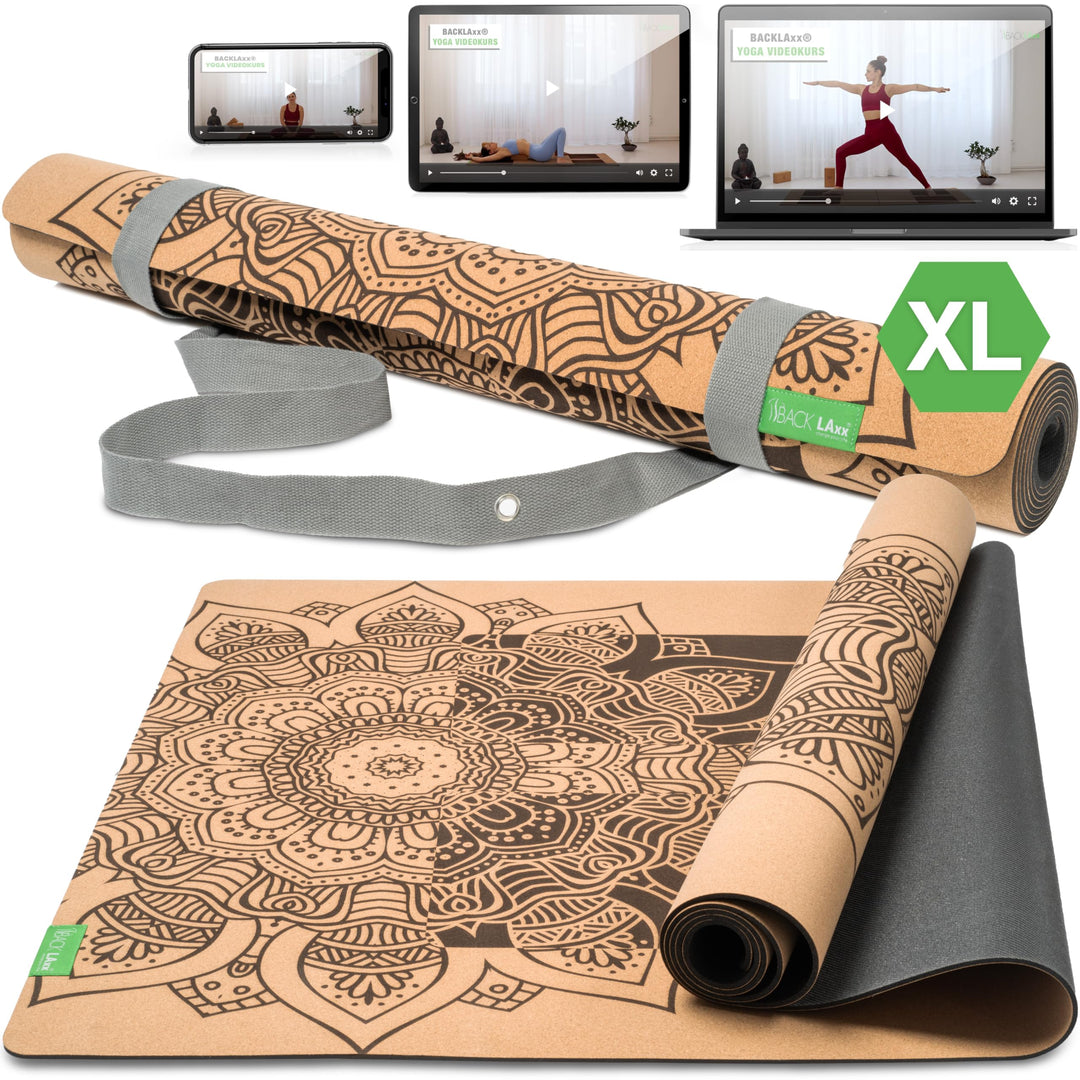 BACKLAXX ® Yogamatte Kork XXL [+50% mehr Fläche] mit Naturkautschuk - Yoga Matte nachhaltig, schadst