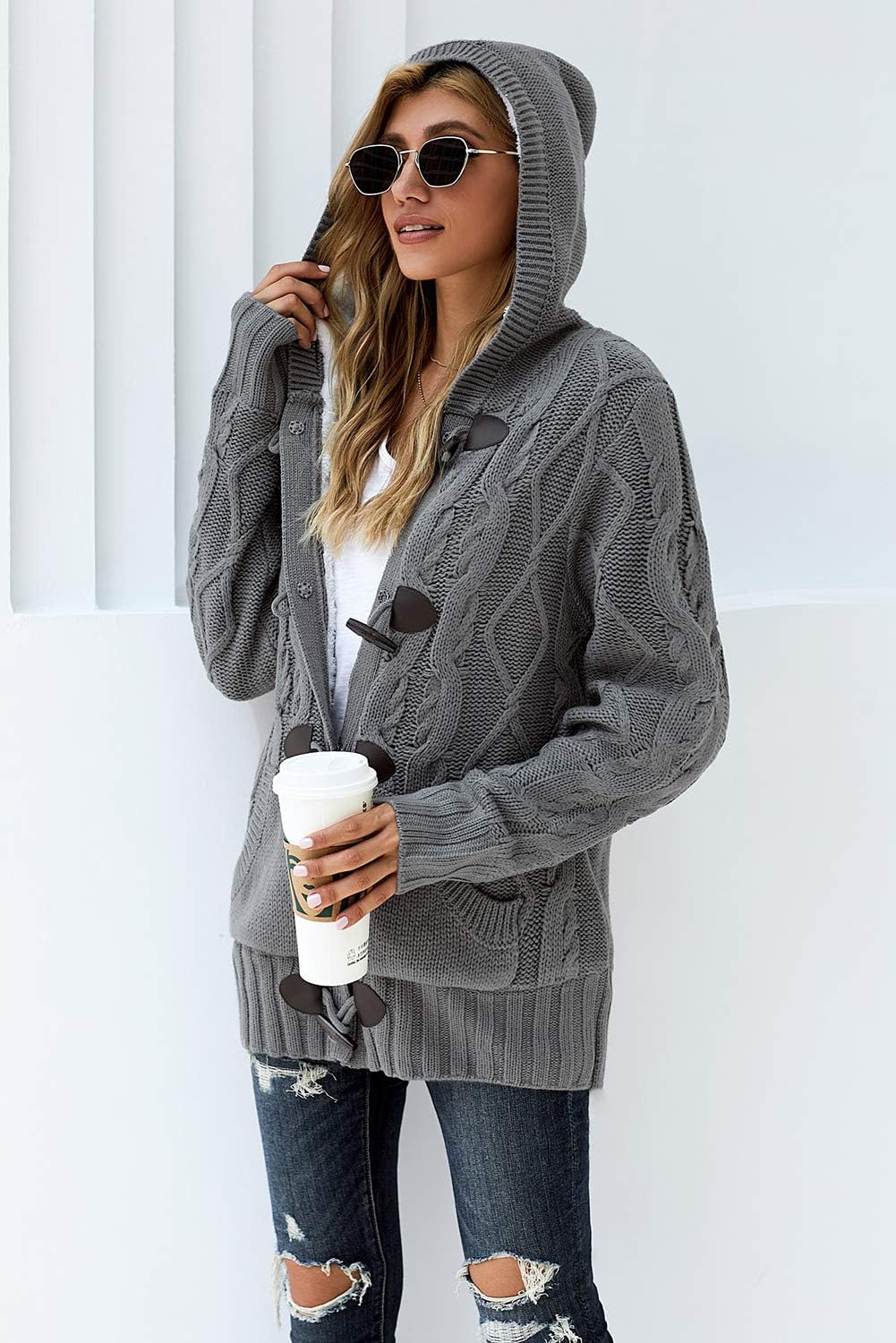 Aleumdr Strickjacke Damen Grobstrick Cardigan Lang Winter Damen Grobstrickjacke Strickmantel mit Kap