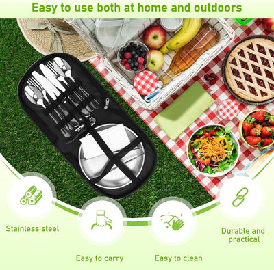 Camping Geschirr Set 2 Personen 14-teilig, Picknick Set, Edelstahl Outdoor Geschirr für Outdoor, Cam