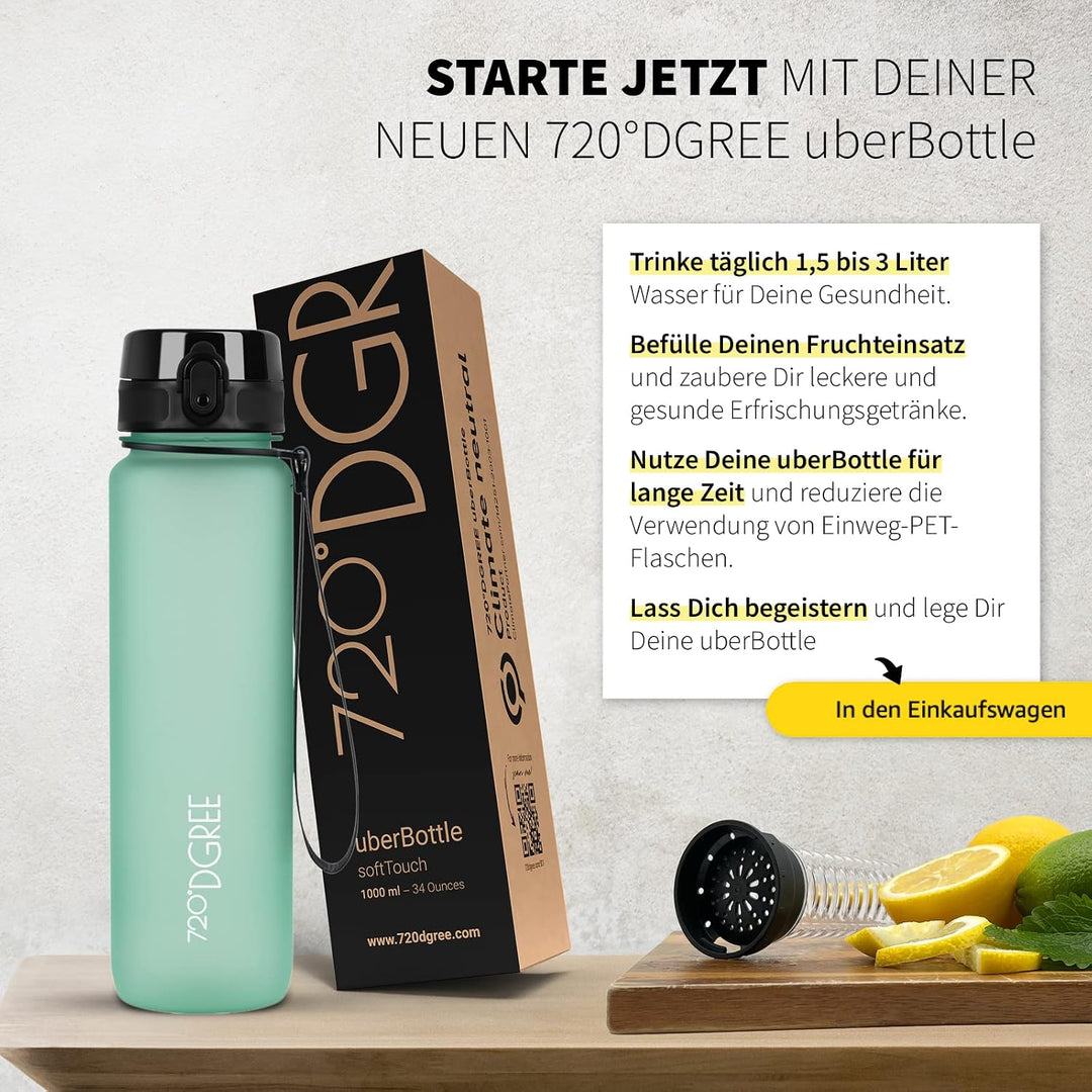 720°DGREE Trinkflasche “uberBottle“ 350ml, 500ml, 650ml, 1l, 1,5 Liter softTouch +Früchtebehälter -