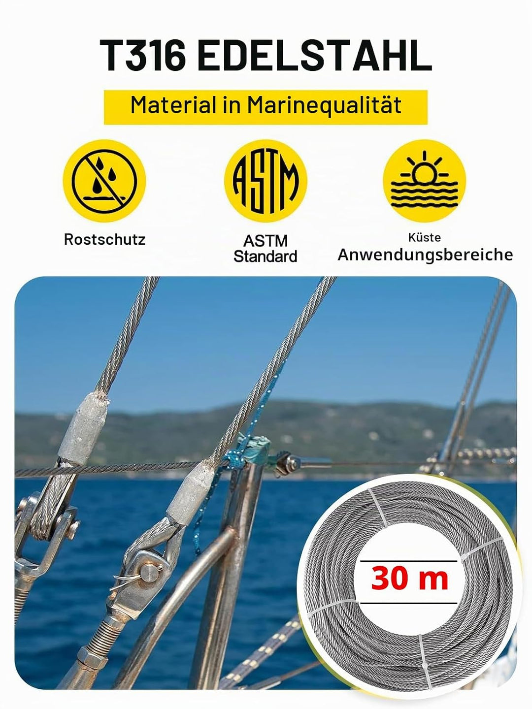 TooTaci 5mm T316 Edelstahlseil, 30M /5mm Drahtseil, Schwerlast-Geländerset – 7×19 Litzen Marinequali