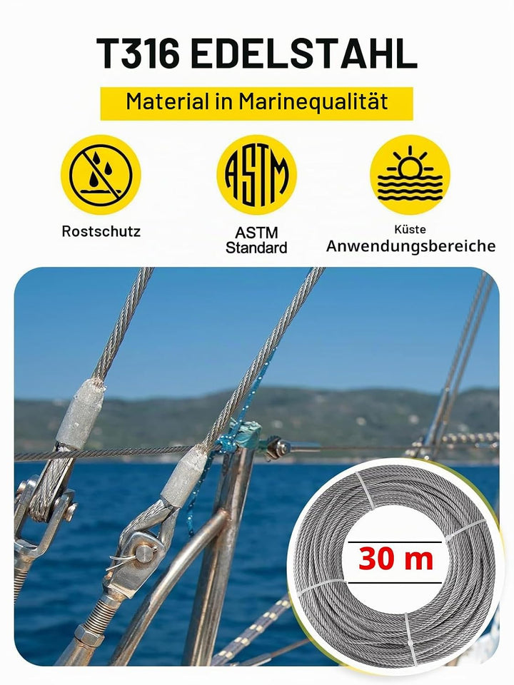 TooTaci 5mm T316 Edelstahlseil, 30M /5mm Drahtseil, Schwerlast-Geländerset – 7×19 Litzen Marinequali