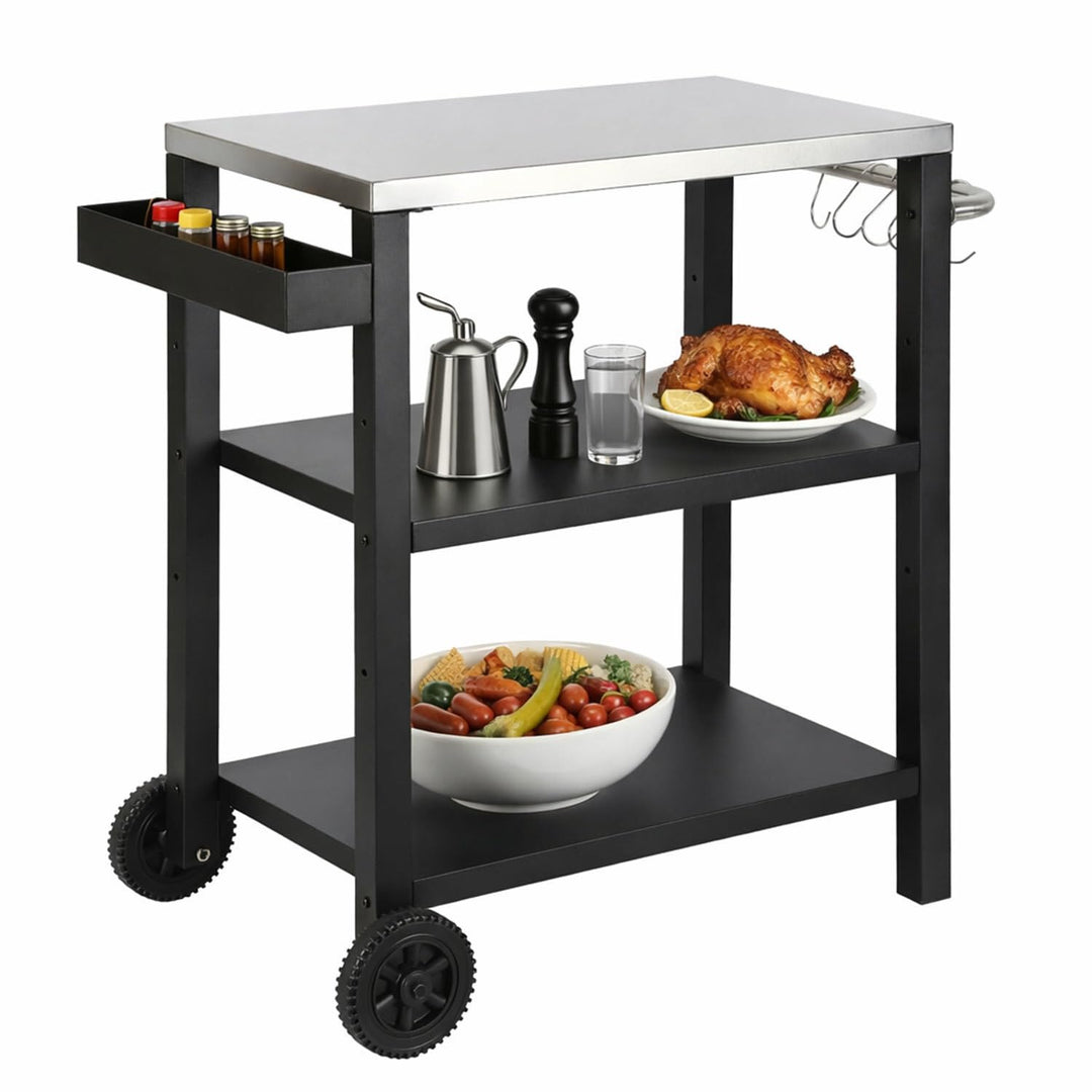 Grilltischwagen Outdoor, grilltisch | 2 Höhenverstellbare Ablagen, Gewürzregal & Haken | 84x67x41cm