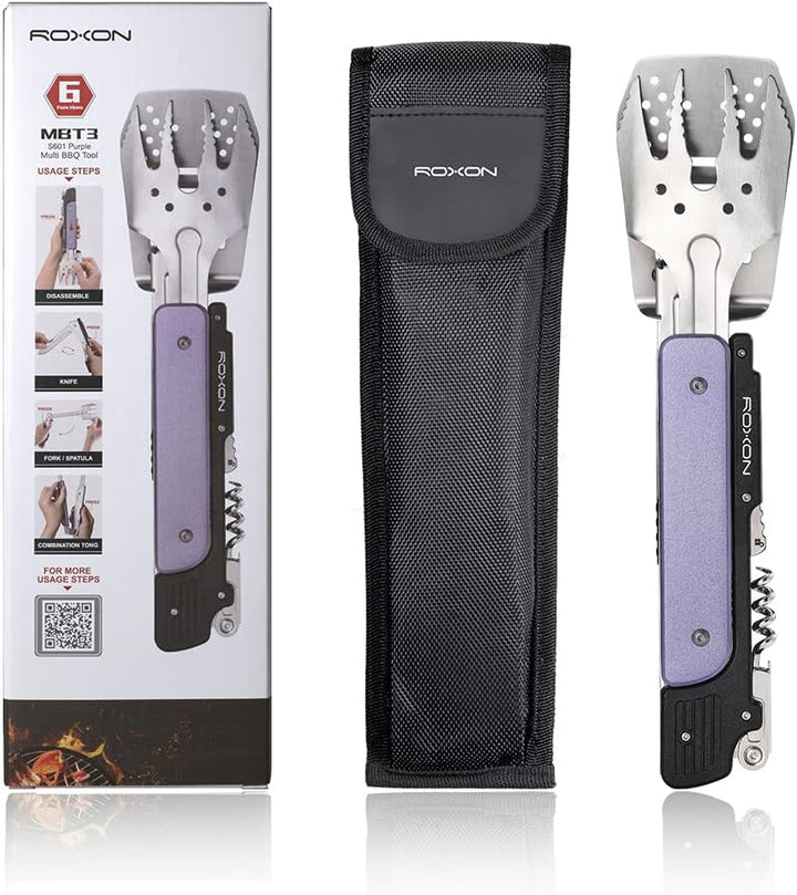 ROXON S601 14" 6 in 1 MBT3 Folding Grill Utensils Set Fork Spatula Grilling Knife Tongs Opener for B