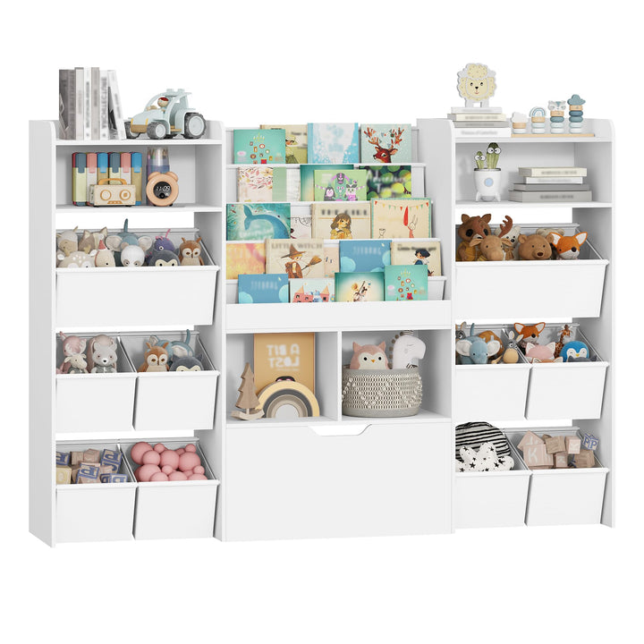 HEXCELEN Kinderregal mit Zeitungsständer, Bücherregal Kinder mit Boxen auf Rollen, Kinder mit 10 Sto