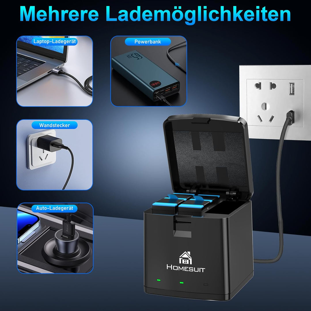 Homesuit Hero 12 11 10 9 Akku 1800mAh und 3-Kanal LED USB Ladegerät Kit mit Typ-C für GoproHero12Bla