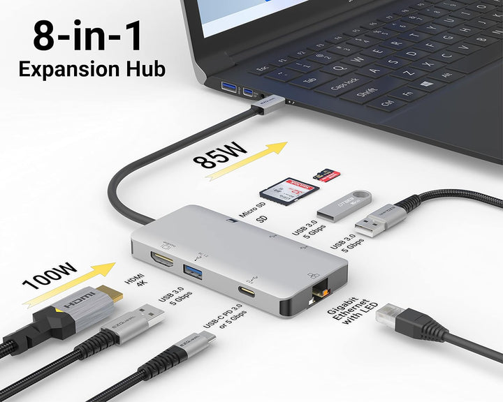 EZQuest USB-C Multimedia Hub Adapter 8 Anschlüsse (HDMI 4K 30Hz, 100W USB-C PD 3.0, Gigabit Ethernet