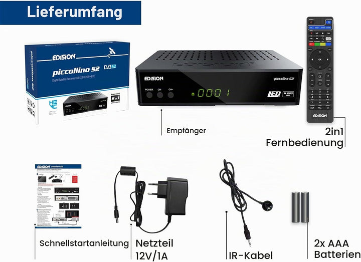 EDISION Piccollino DVB-S2 Full HD Sat Receiver H.265/HEVC Kartenleser USB Schwarz Single, Single