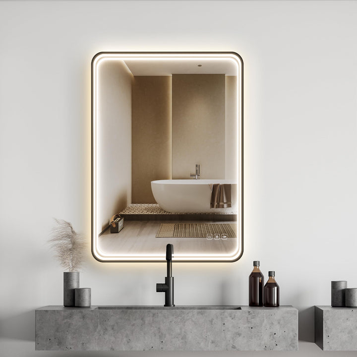 LED Badspiegel 50x70 cm mit Frontbeleuchtung, 3 Lichtfarben dimmbar, Touch-Schalter, Anti-Beschlag &