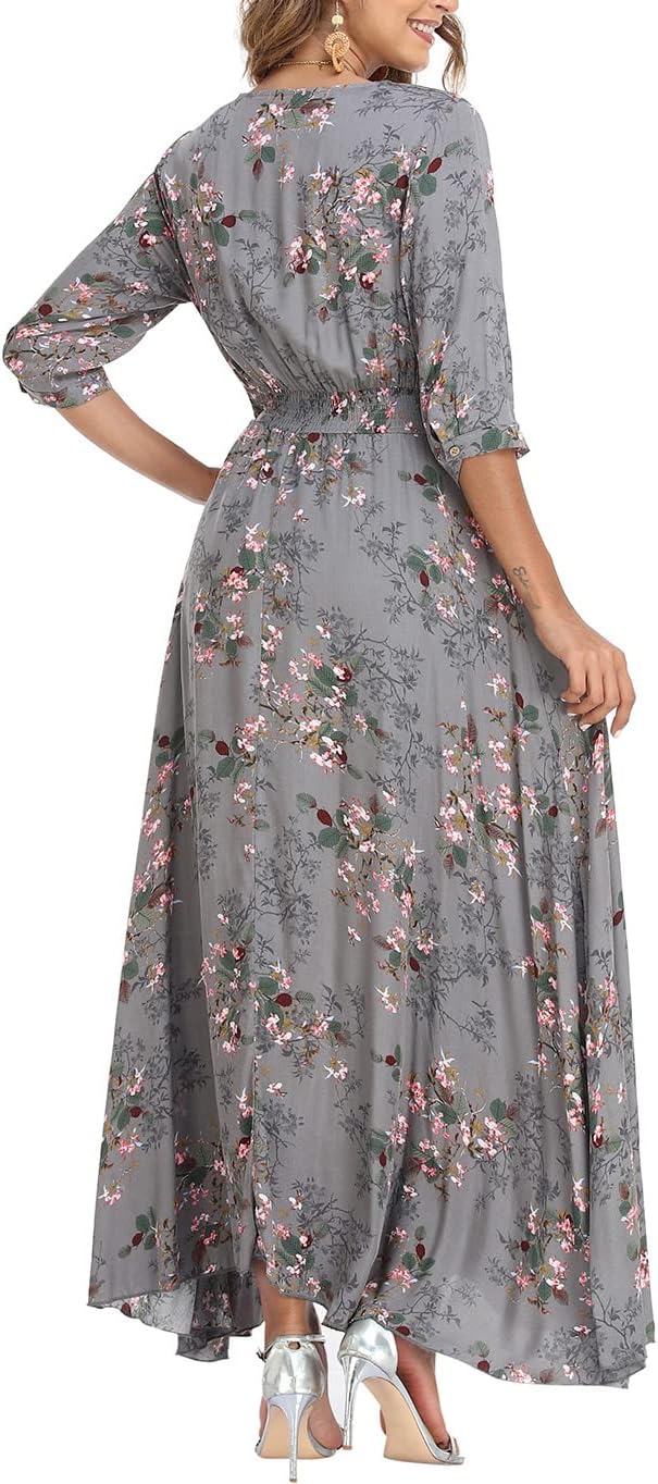 Damen Lange Split Knopf Up Sommer Maxikleid Floral Strandwear Holidy Kleid Hohe Taille mit kurzen Är
