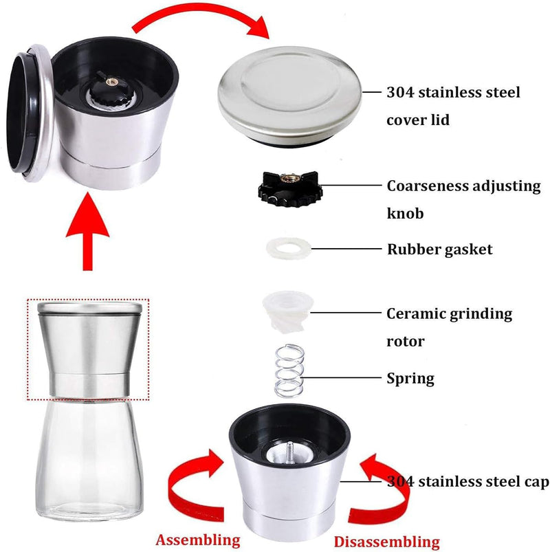 Lawei 4er-set Edelstahl Gewürzmühle Set 160ml Salz und Pfeffermühle mit Einstellbar Mahlwerk Chilimü