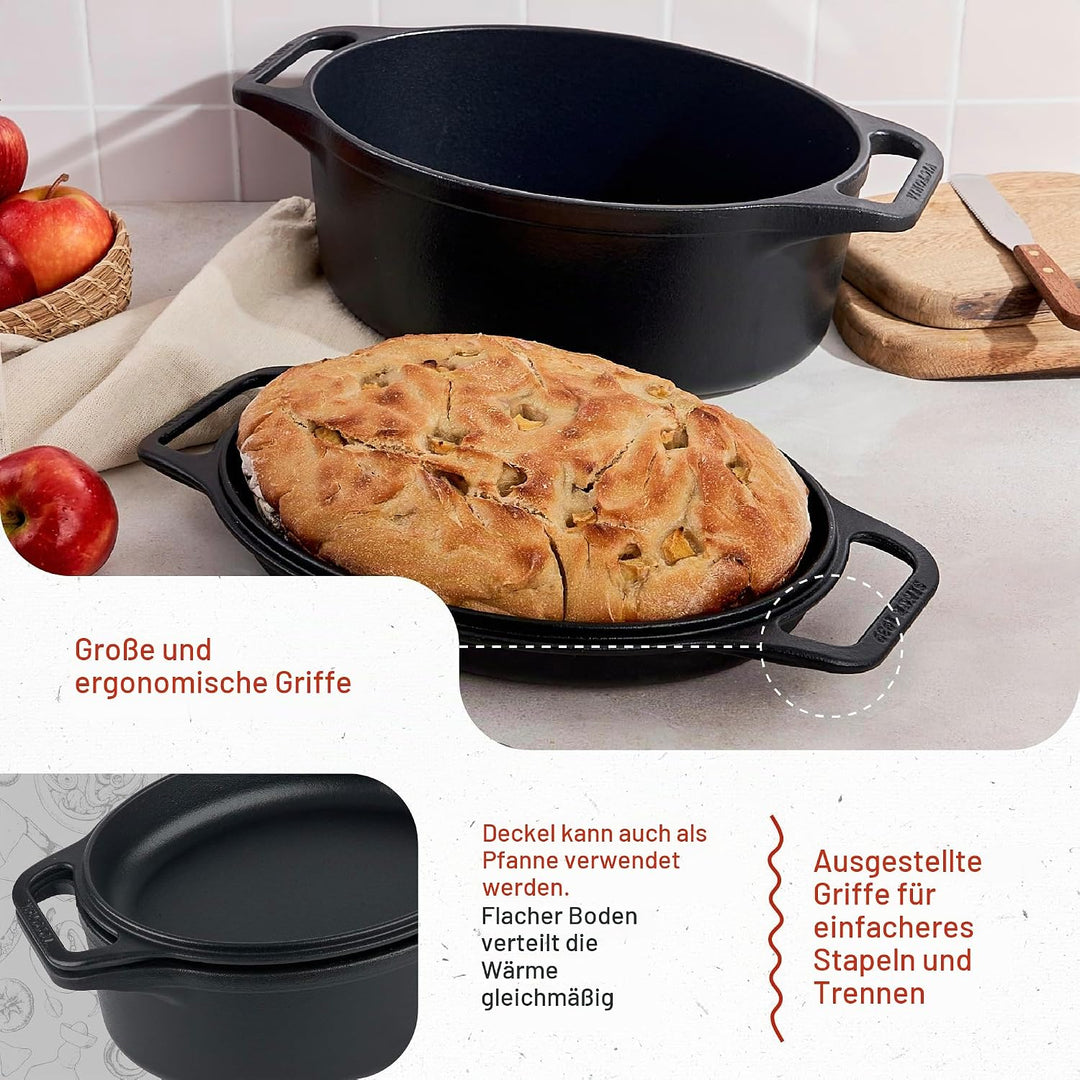 Victoria Dutch Oven Combo Gusseisen Eingebrannte 31cm/ 5,7L, Cast Iron Topf Brot Backen Seasoned Tox