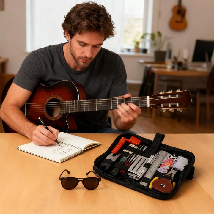 FGXY 28 Stück Gitarren Pflege Set, Gitarren Pflege Wartung Zubehör Set mit Tragbare Tasche Saiten Or