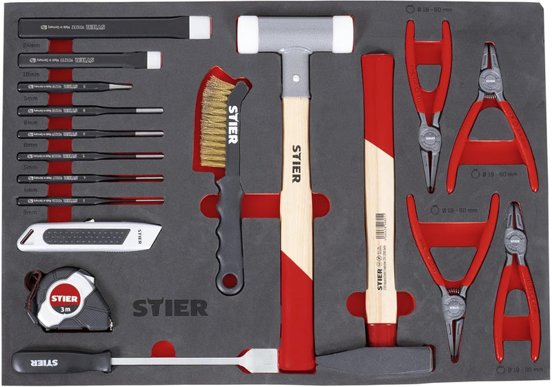 STIER Werkzeugsatz, 18-tlg, in Weichschaumeinlage (EVA), für den Werkstattbedarf, inkl. Splintentrei