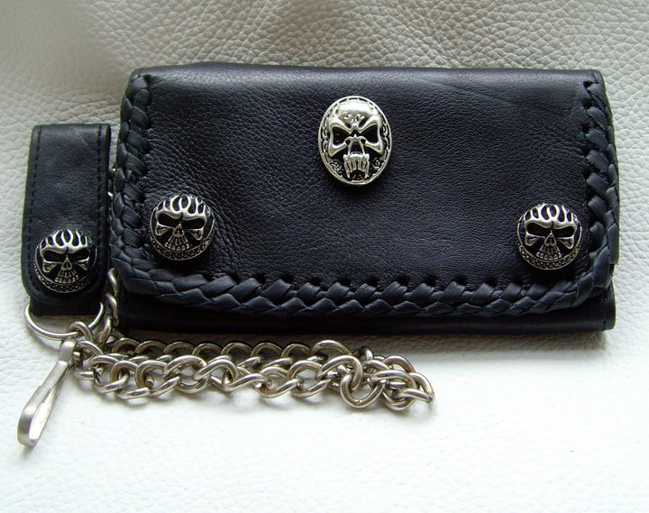 Biker-Leder-Geldbörse Wallet Zierniete Bad-Skull Leder-Farbe Schwarz 16x10cm mit Kette und Schlaufe