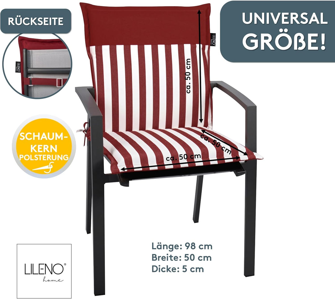 LILENO HOME Gartenstuhl Auflagen als [2er Set - Niedriglehner] in Streifen Rot - Uni Rot - Bequeme L