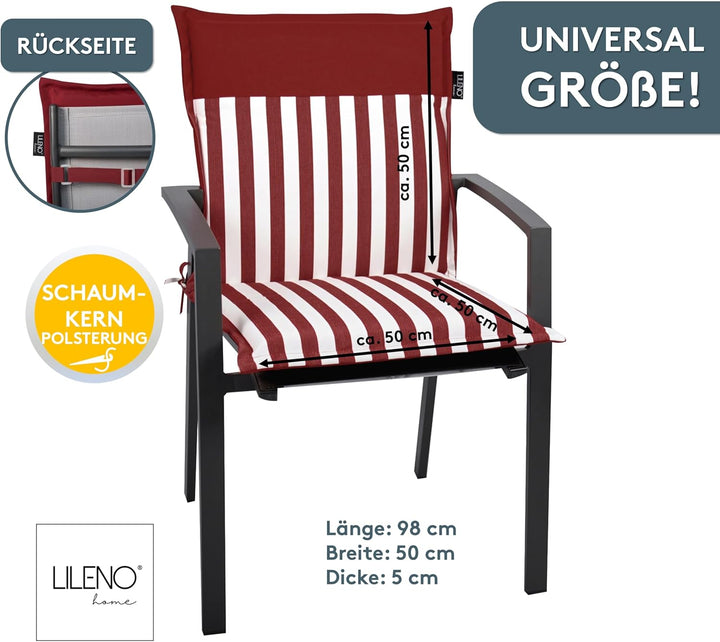 LILENO HOME Gartenstuhl Auflagen als [2er Set - Niedriglehner] in Streifen Rot - Uni Rot - Bequeme L