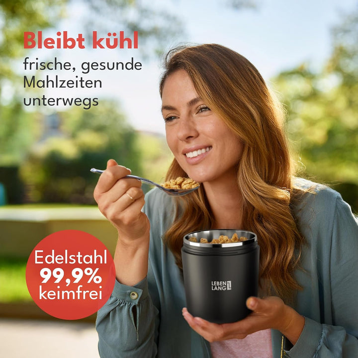 LEBENLANG 650ml Müslibecher To Go mit Löffel - Mit Isolierender Edelstahlinnenwand I Müslibox Joghur