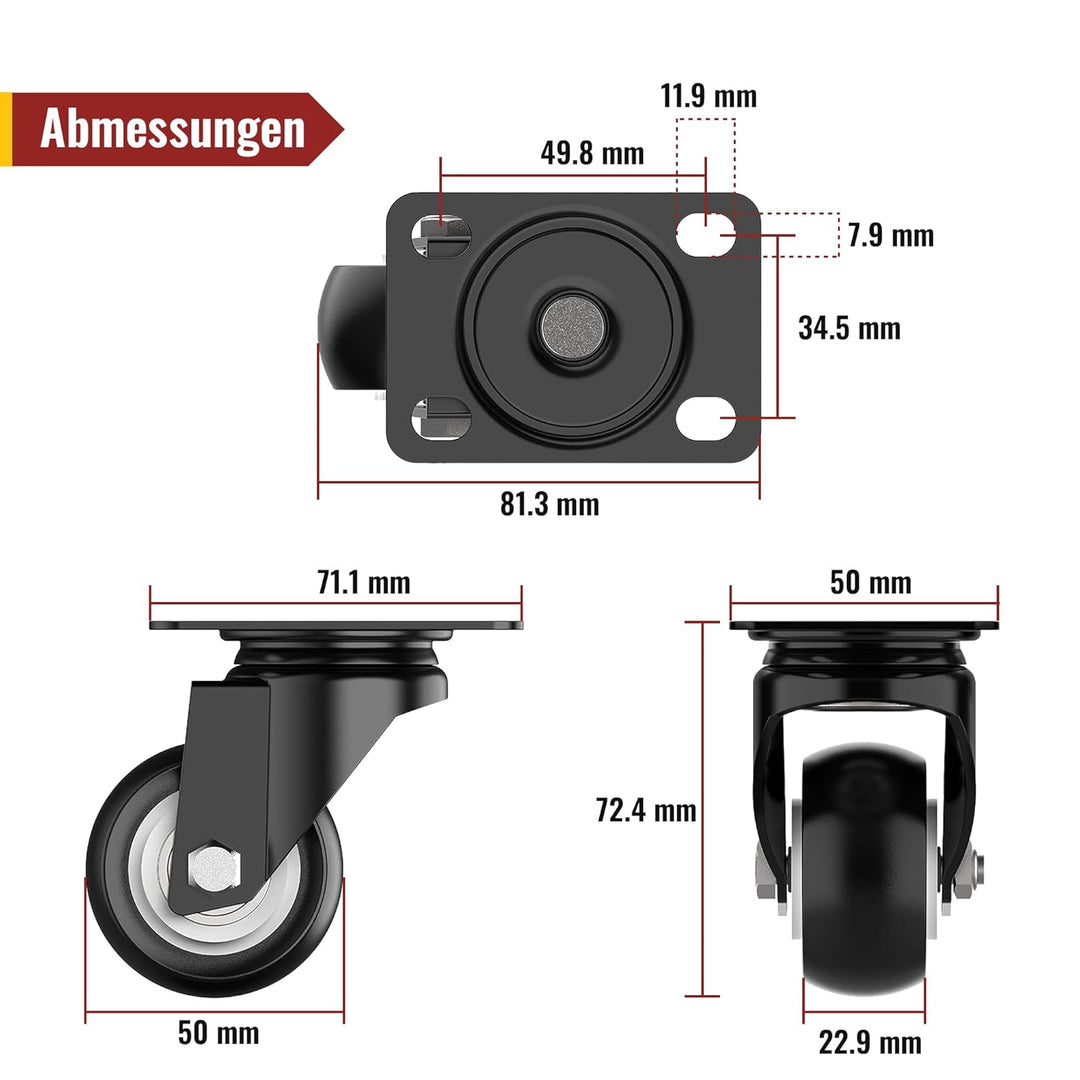 HOLKIE 50 mm Schwerlastrollen bis 250 kg - 4er Set Möbelrollen Schwerlast mit Bremsen - Transportrol