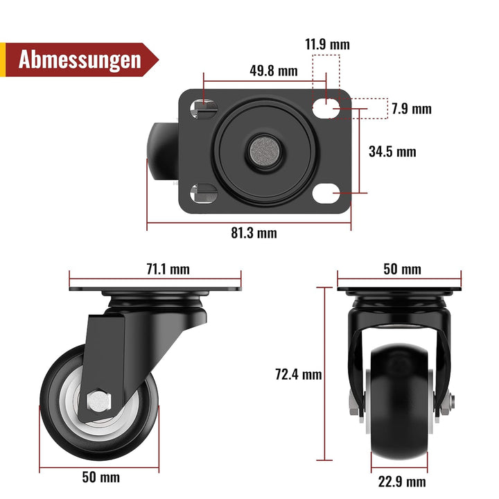 HOLKIE 50 mm Schwerlastrollen bis 250 kg - 4er Set Möbelrollen Schwerlast mit Bremsen - Transportrol