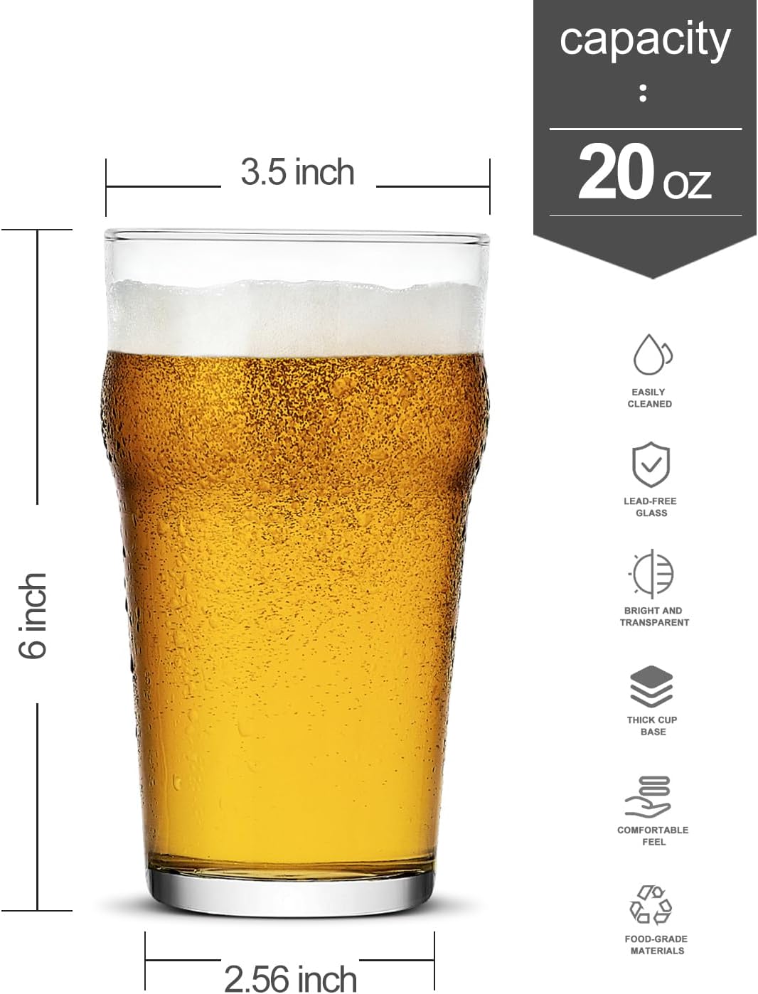 Biergläser, 590 ml, britisches Bierglas, klassisches Design, 4 Stück, einfach im Schrank zu stapeln