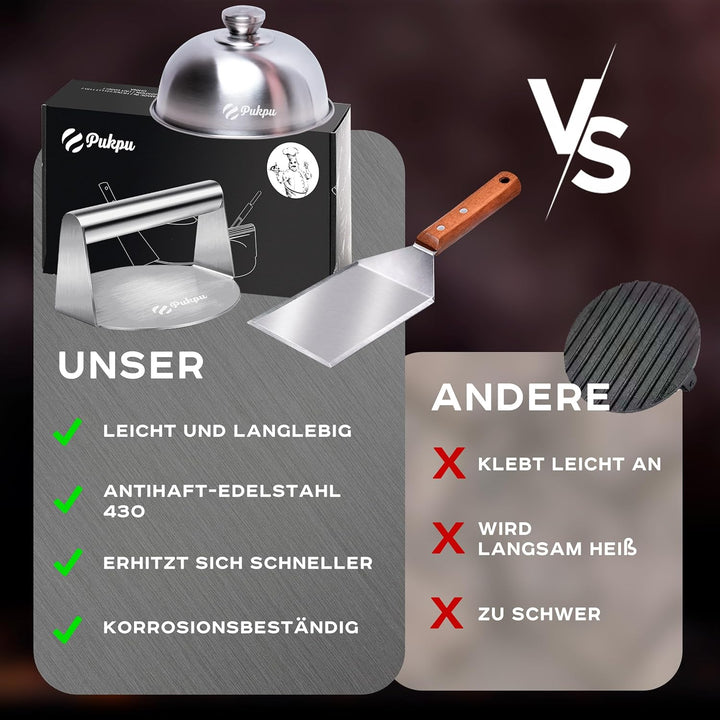 Burgerpresse Smash Burger Set - 3-Teilig Burger Smasher aus Edelstahl mit 1 Grosse Grillspachtel und