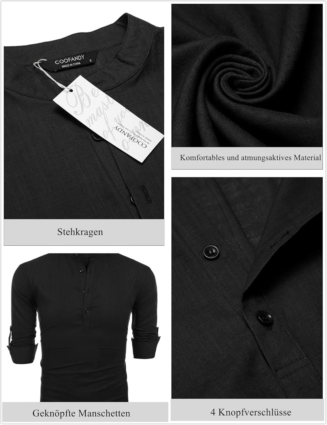 COOFANDY Herren Hemd Langarm Henley Shirt Leinenhemd Baumwolle Casual Regular Fit Sommerhemd Schwarz