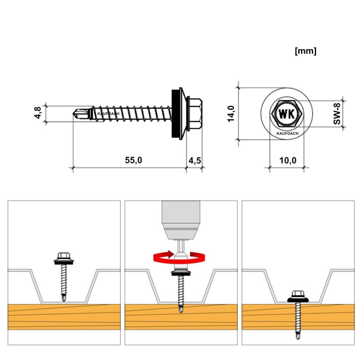 Bohrschrauben 4,8 х 55 mm 200 Stück RAL: 3011 - Braunrot Trapezblechschrauben - 03130155
