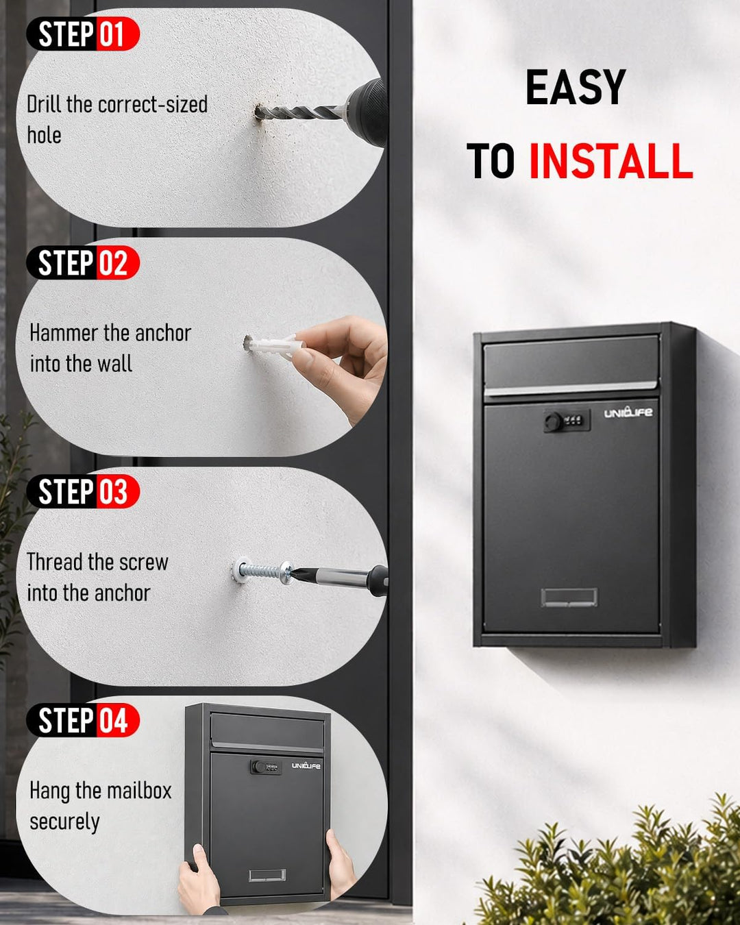 Uniclife Wall Mount Mailbox für aussen, grosse Ablagefach mit Zahlenschloss, Sicherheit Schliessung