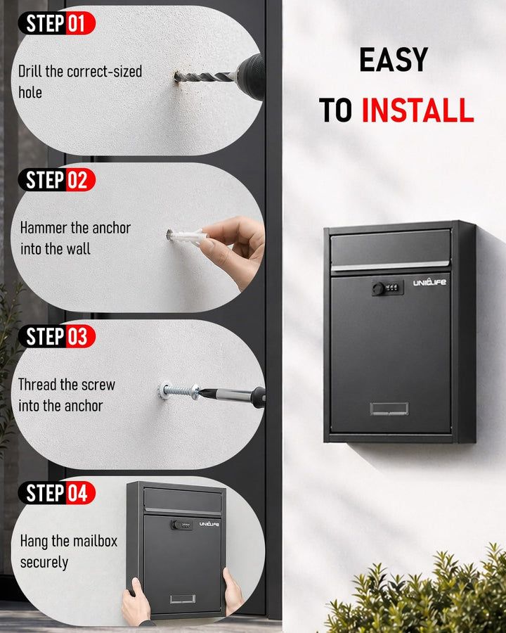 Uniclife Wall Mount Mailbox für aussen, grosse Ablagefach mit Zahlenschloss, Sicherheit Schliessung